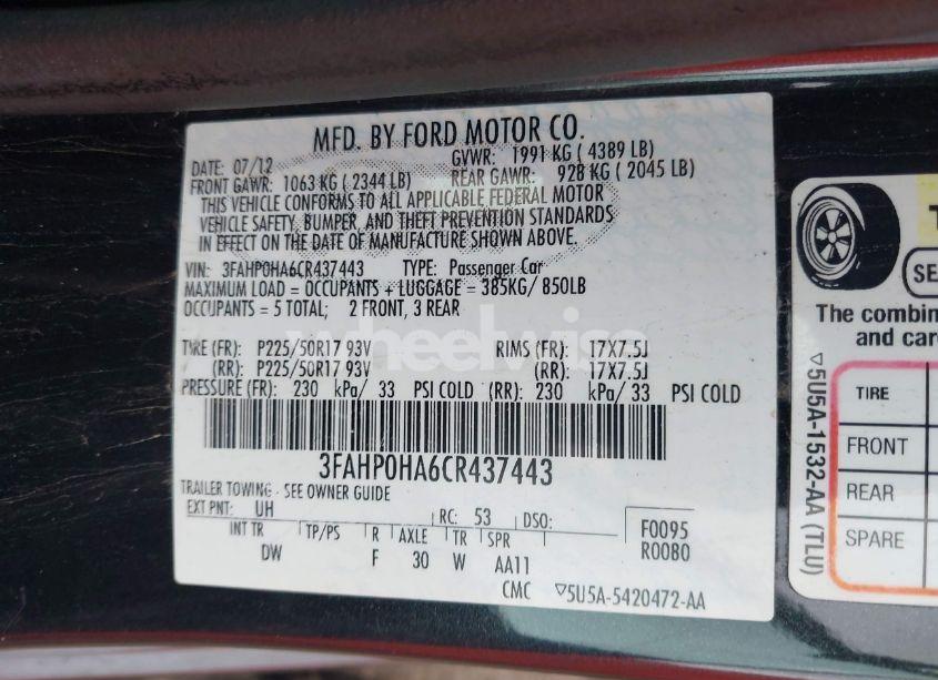 Photo 9 of 2012 Ford Fusion SE (VIN 3FAHP0HA6CR437443)