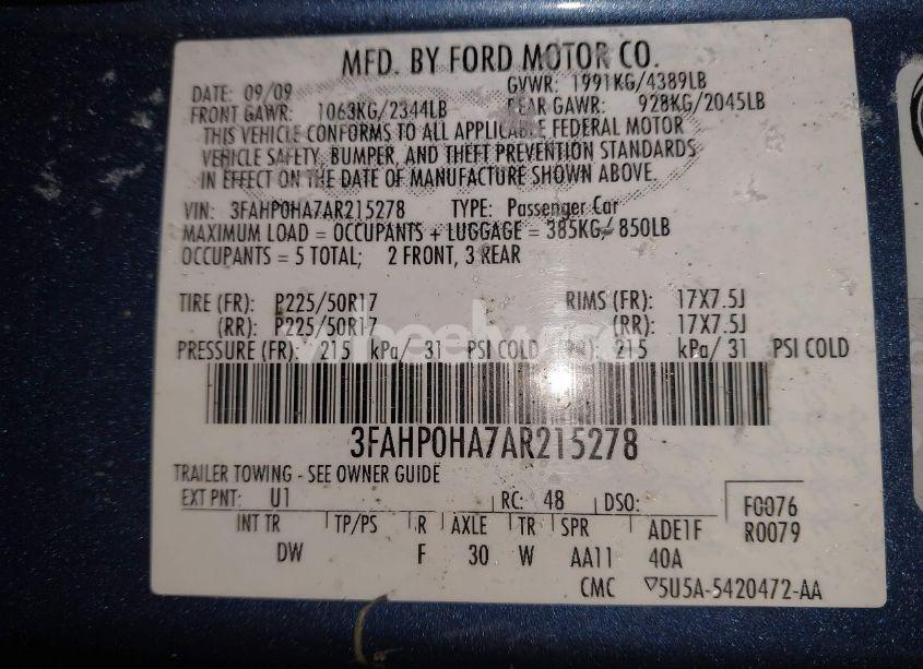 Photo 9 of 2010 Ford Fusion N/A (VIN 3FAHP0HA7AR215278)