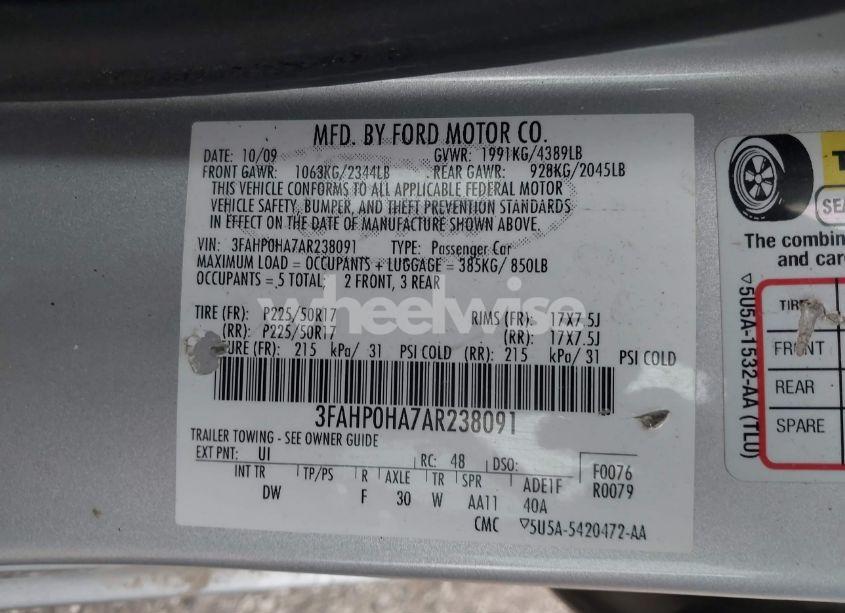 Photo 9 of 2010 Ford Fusion SE (VIN 3FAHP0HA7AR238091)