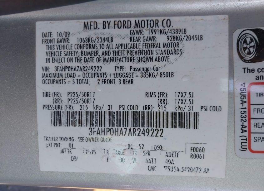 Photo 9 of 2010 Ford Fusion SE (VIN 3FAHP0HA7AR249222)