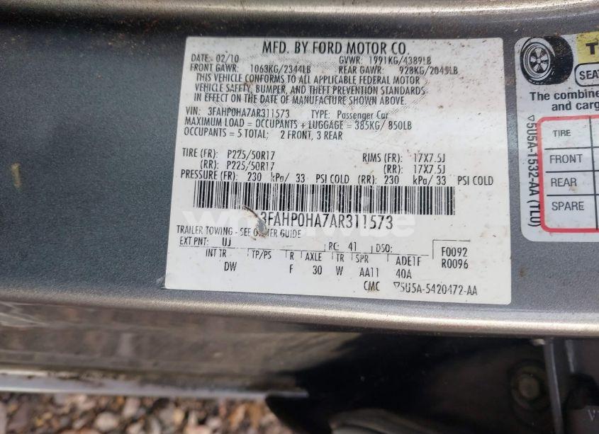 Photo 9 of 2010 Ford Fusion SE (VIN 3FAHP0HA7AR311573)