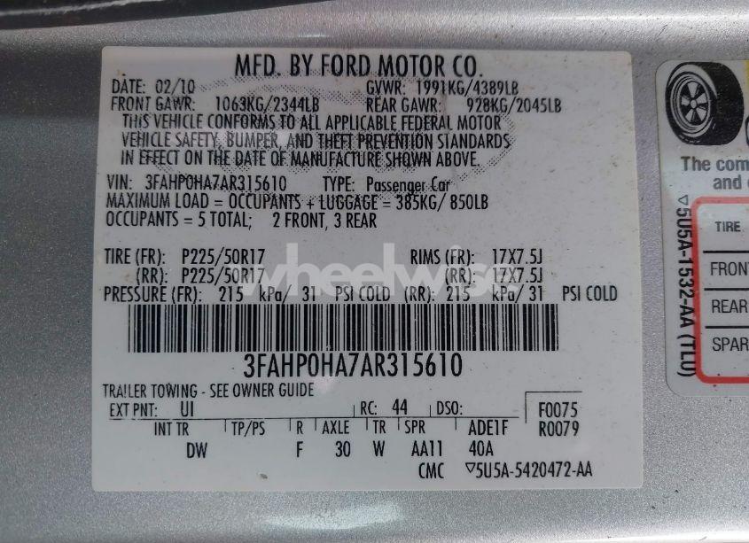 Photo 9 of 2010 Ford Fusion SE (VIN 3FAHP0HA7AR315610)