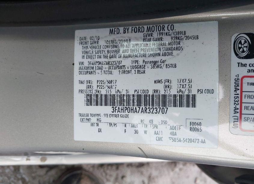 Photo 9 of 2010 Ford Fusion SE (VIN 3FAHP0HA7AR323707)