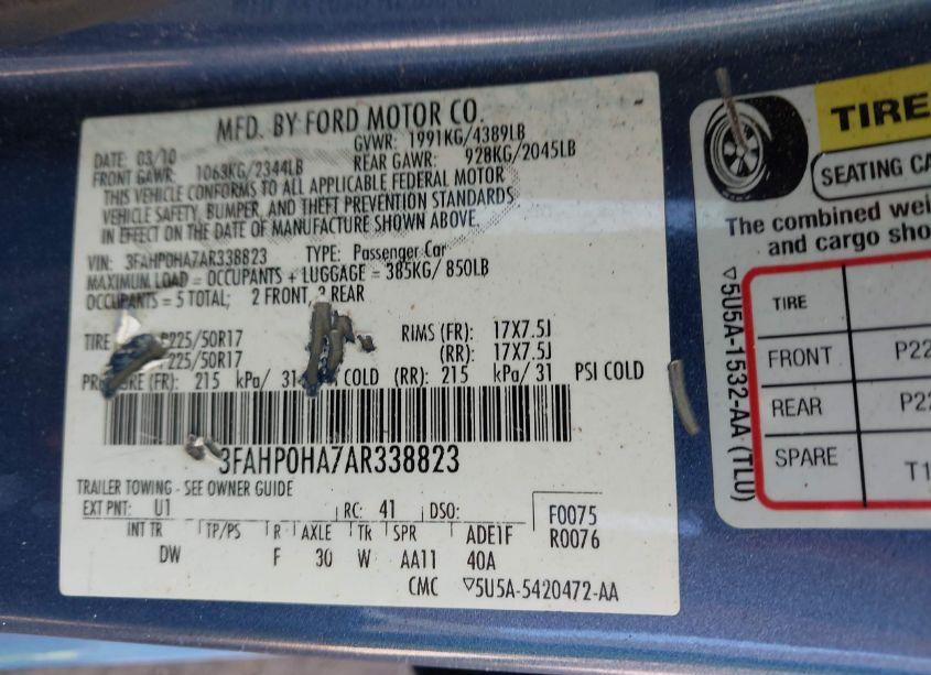 Photo 9 of 2010 Ford Fusion SE (VIN 3FAHP0HA7AR338823)