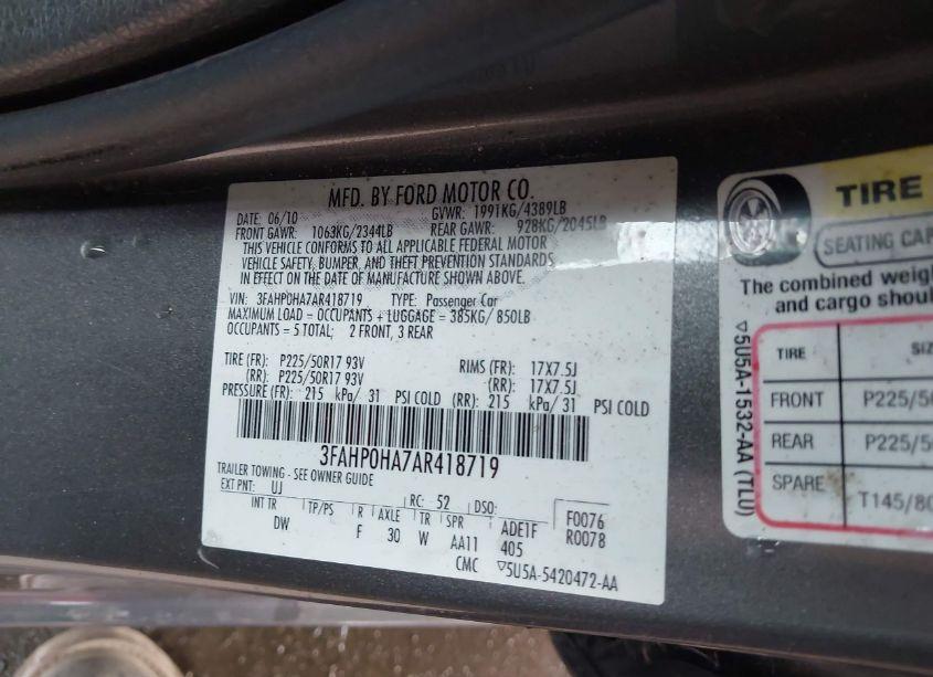 Photo 9 of 2010 Ford Fusion SE (VIN 3FAHP0HA7AR418719)