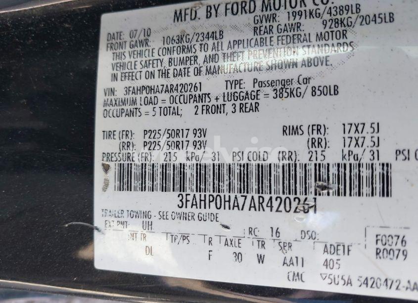 Photo 9 of 2010 Ford Fusion SE (VIN 3FAHP0HA7AR420261)