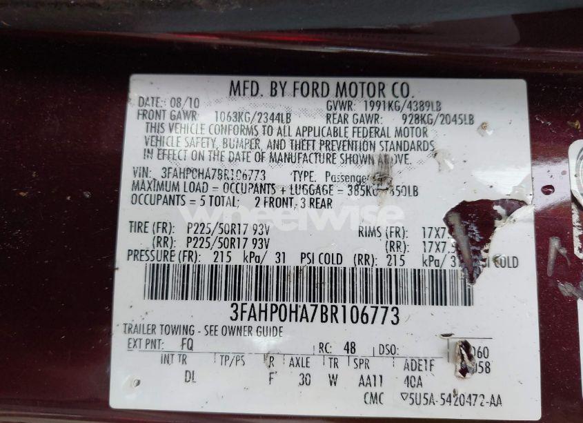 Photo 9 of 2011 Ford Fusion SE (VIN 3FAHP0HA7BR106773)