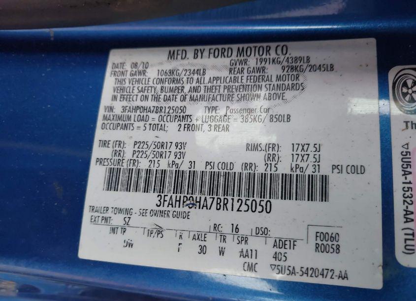 Photo 9 of 2011 Ford Fusion SE (VIN 3FAHP0HA7BR125050)