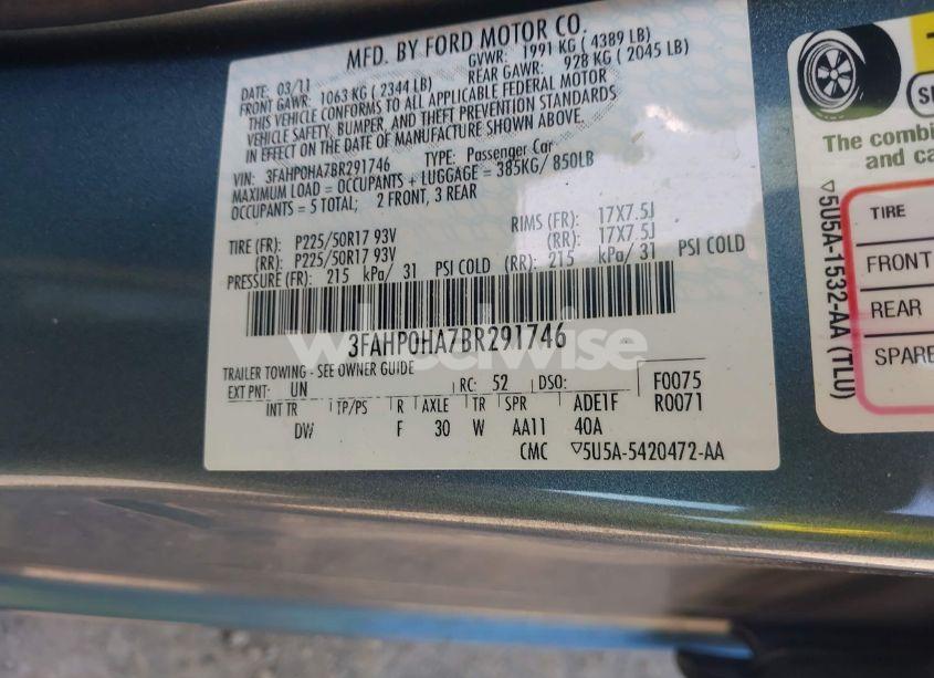 Photo 9 of 2011 Ford Fusion SE (VIN 3FAHP0HA7BR291746)