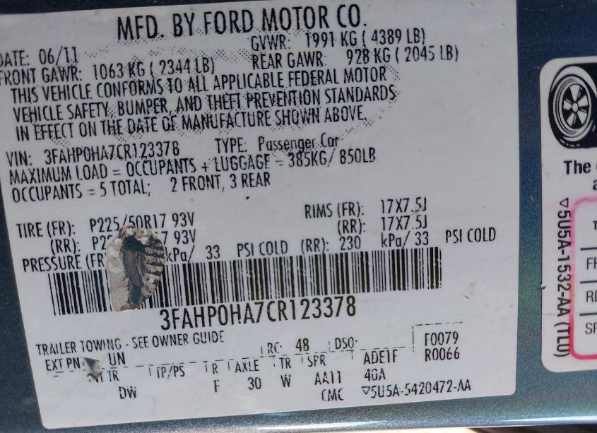 Photo 9 of 2012 Ford Fusion SE (VIN 3FAHP0HA7CR123378)