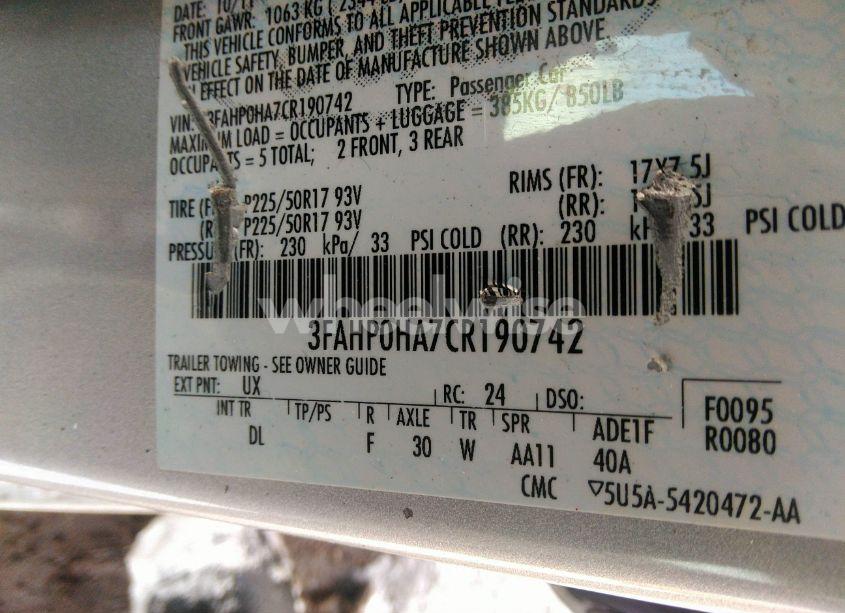 Photo 9 of 2012 Ford Fusion SE (VIN 3FAHP0HA7CR190742)