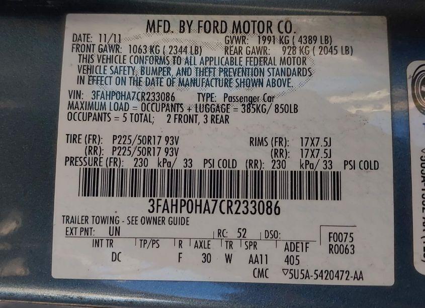 Photo 9 of 2012 Ford Fusion SE (VIN 3FAHP0HA7CR233086)