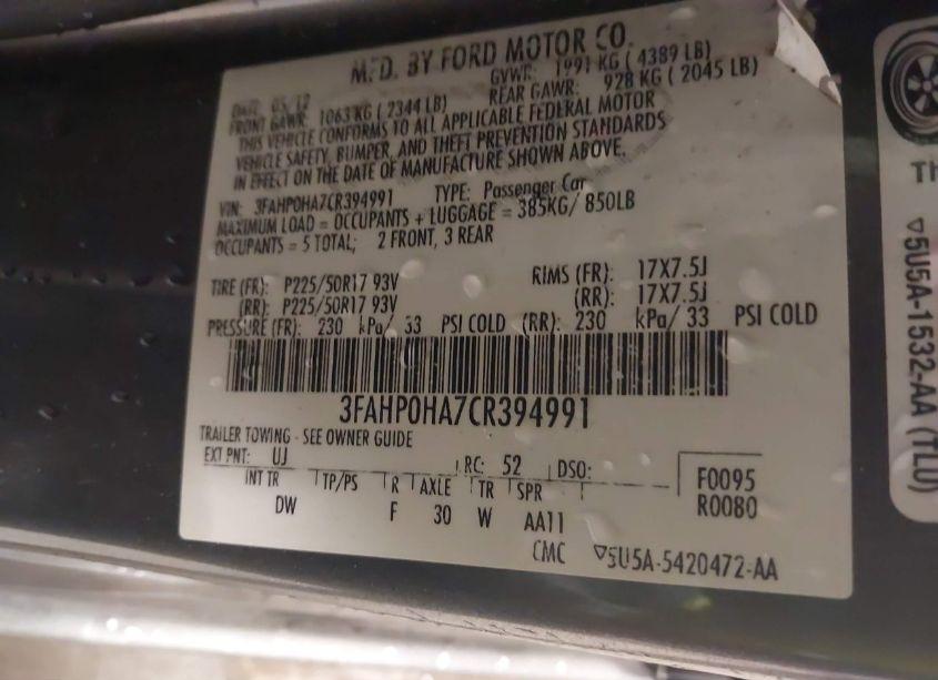 Photo 9 of 2012 Ford Fusion SE (VIN 3FAHP0HA7CR394991)