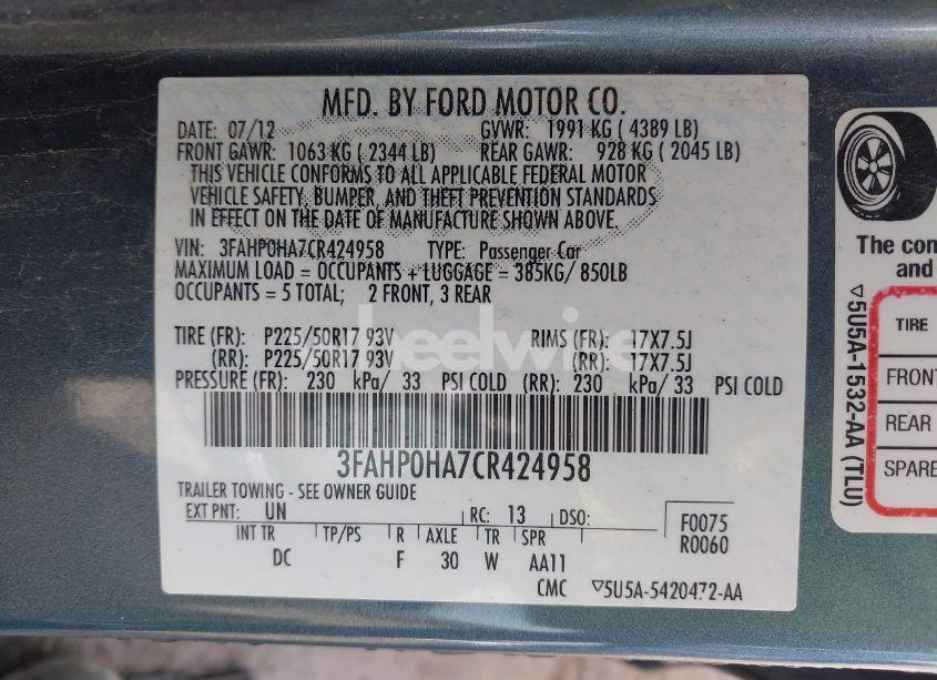 Photo 9 of 2012 Ford Fusion SE (VIN 3FAHP0HA7CR424958)