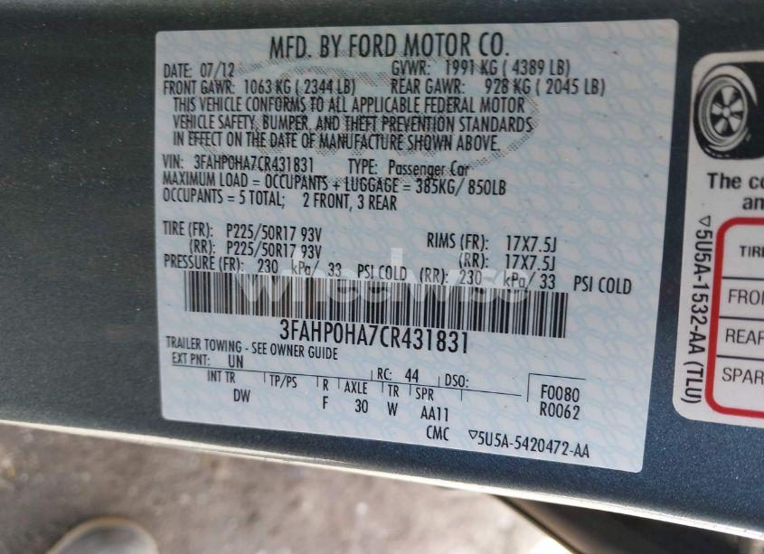 Photo 9 of 2012 Ford Fusion SE (VIN 3FAHP0HA7CR431831)