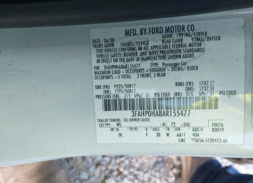 Photo 9 of 2010 Ford Fusion SE (VIN 3FAHP0HA8AR155477)