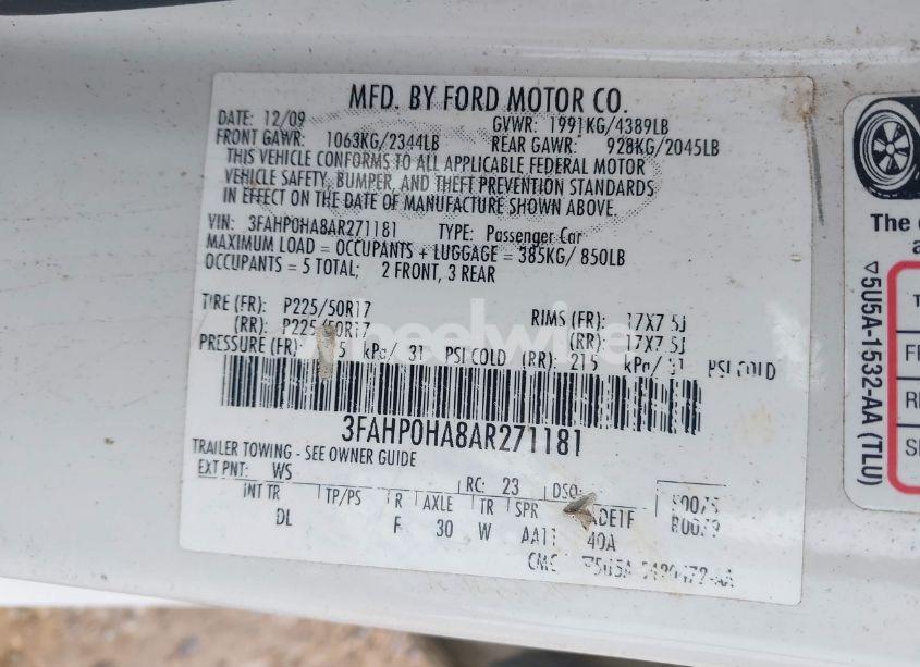 Photo 9 of 2010 Ford Fusion SE (VIN 3FAHP0HA8AR271181)