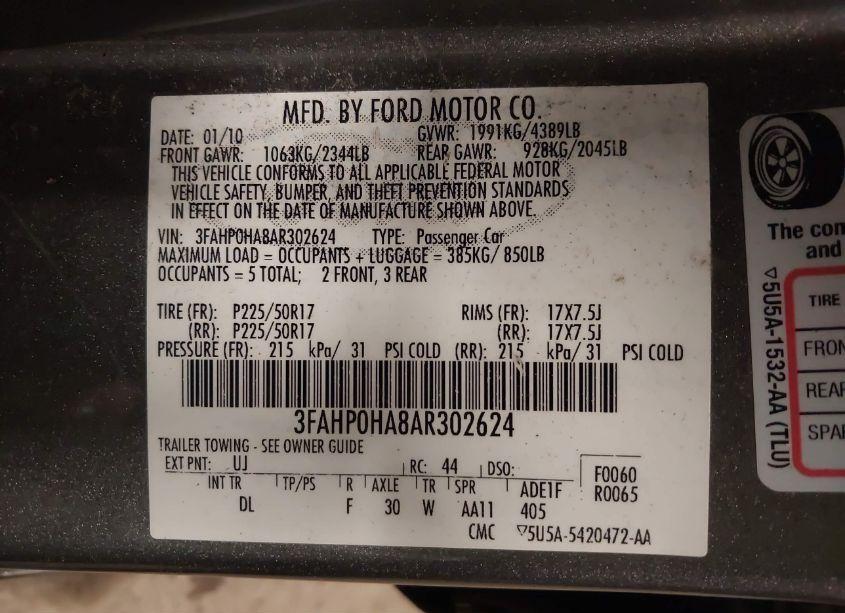 Photo 9 of 2010 Ford Fusion SE (VIN 3FAHP0HA8AR302624)
