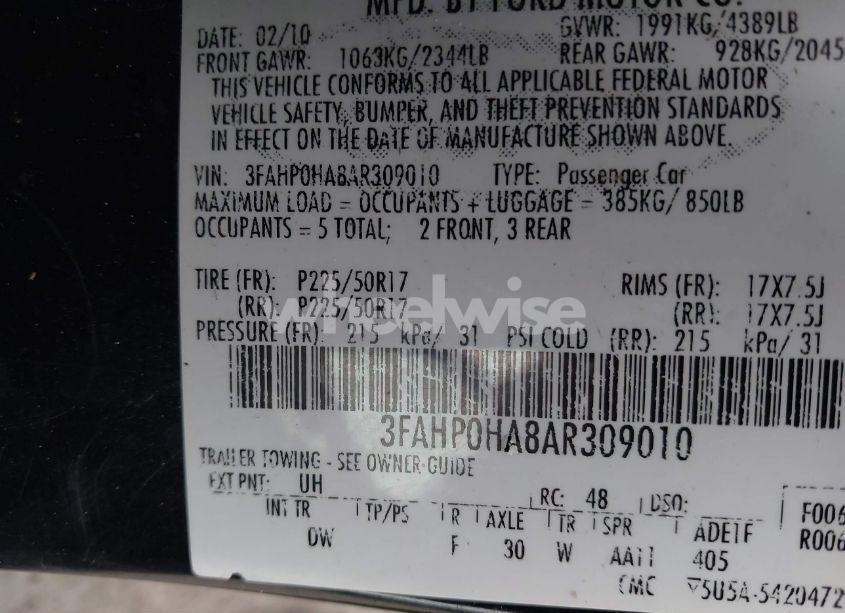 Photo 9 of 2010 Ford Fusion SE (VIN 3FAHP0HA8AR309010)