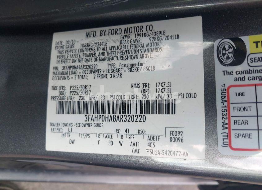 Photo 9 of 2010 Ford Fusion SE (VIN 3FAHP0HA8AR320220)