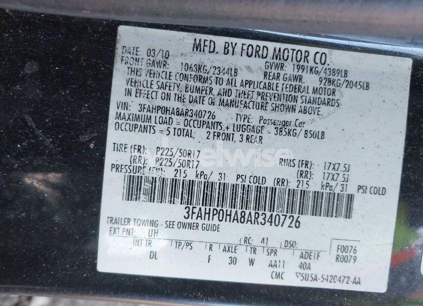 Photo 9 of 2010 Ford Fusion SE (VIN 3FAHP0HA8AR340726)