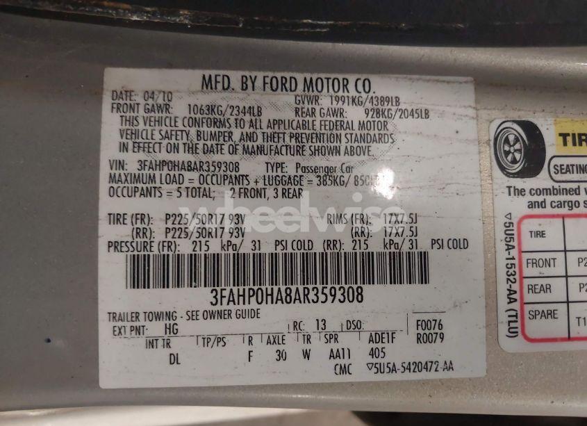 Photo 9 of 2010 Ford Fusion SE (VIN 3FAHP0HA8AR359308)