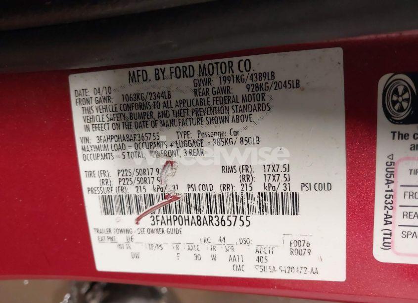 Photo 9 of 2010 Ford Fusion SE (VIN 3FAHP0HA8AR365755)