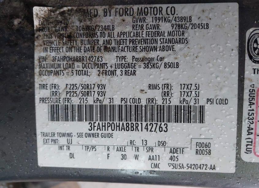 Photo 9 of 2011 Ford Fusion SE (VIN 3FAHP0HA8BR142763)