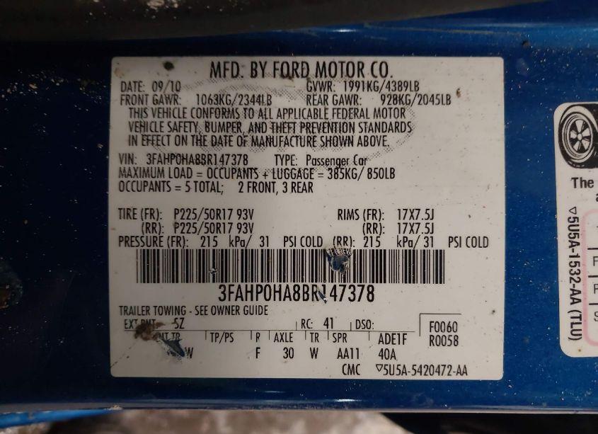 Photo 9 of 2011 Ford Fusion SE (VIN 3FAHP0HA8BR147378)