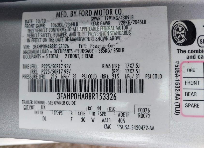 Photo 9 of 2011 Ford Fusion SE (VIN 3FAHP0HA8BR153326)