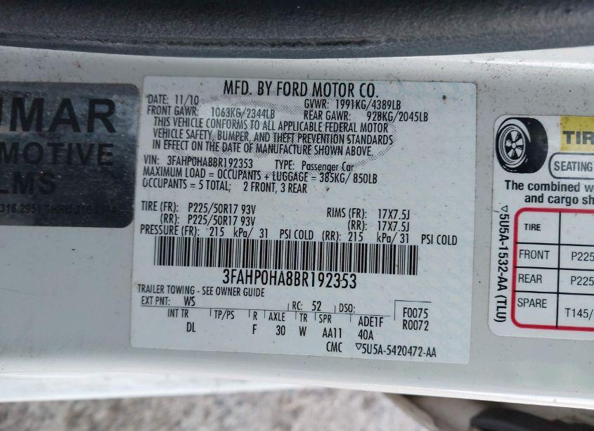 Photo 9 of 2011 Ford Fusion SE (VIN 3FAHP0HA8BR192353)