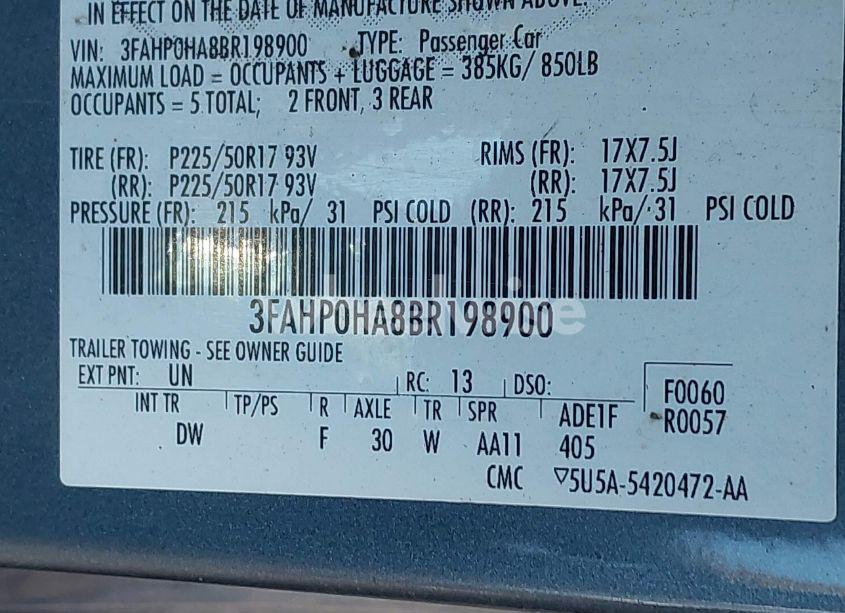 Photo 9 of 2011 Ford Fusion SE (VIN 3FAHP0HA8BR198900)