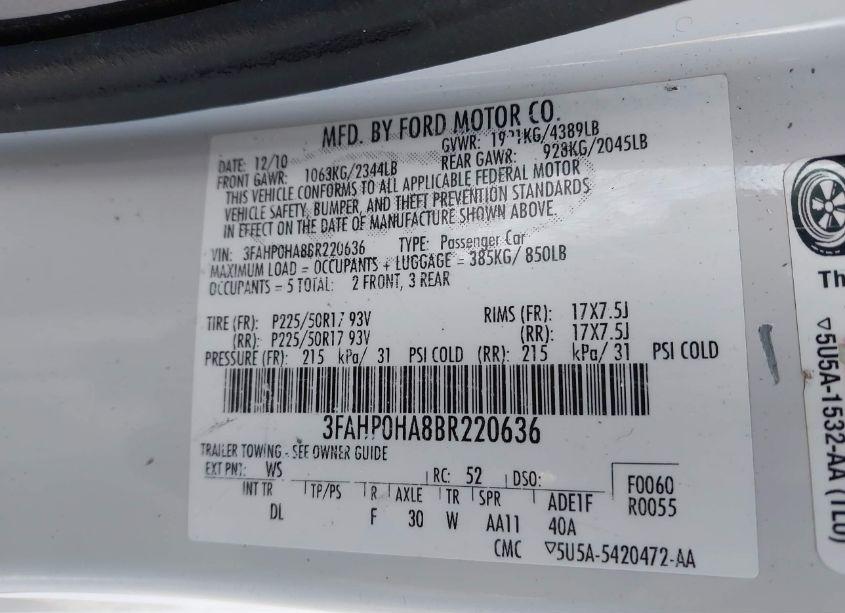 Photo 9 of 2011 Ford Fusion SE (VIN 3FAHP0HA8BR220636)