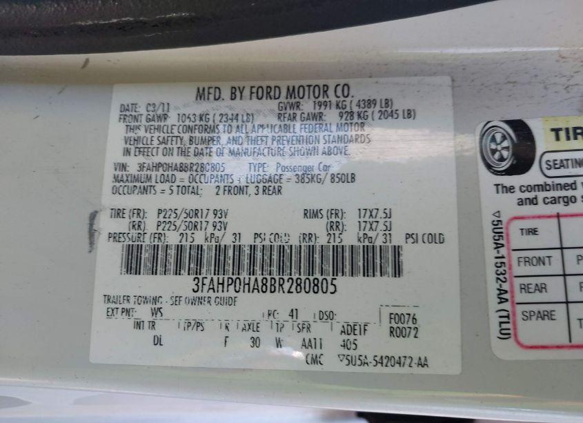 Photo 9 of 2011 Ford Fusion SE (VIN 3FAHP0HA8BR280805)