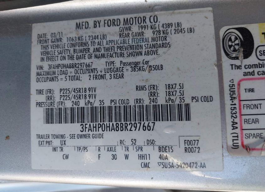 Photo 9 of 2011 Ford Fusion SE (VIN 3FAHP0HA8BR297667)