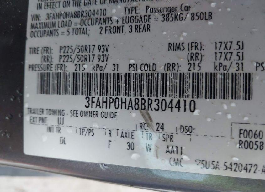 Photo 9 of 2011 Ford Fusion SE (VIN 3FAHP0HA8BR304410)