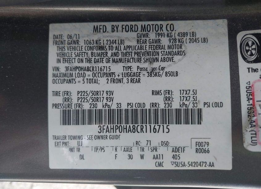 Photo 9 of 2012 Ford Fusion SE (VIN 3FAHP0HA8CR116715)