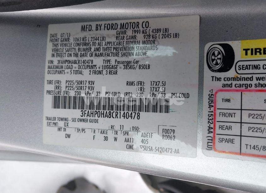 Photo 9 of 2012 Ford Fusion SE (VIN 3FAHP0HA8CR140478)