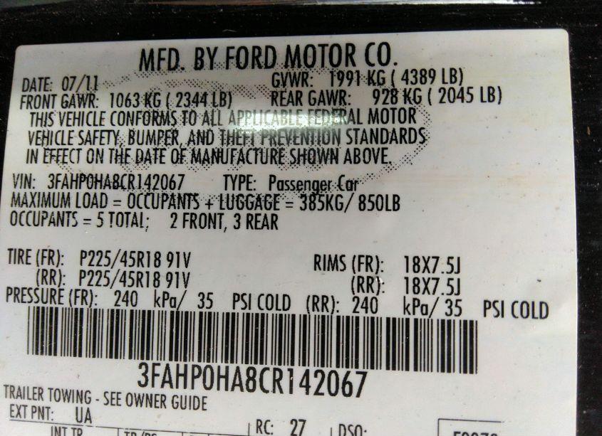 Photo 9 of 2012 Ford Fusion SE (VIN 3FAHP0HA8CR142067)