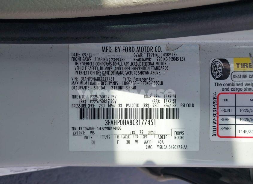 Photo 9 of 2012 Ford Fusion SE (VIN 3FAHP0HA8CR177451)
