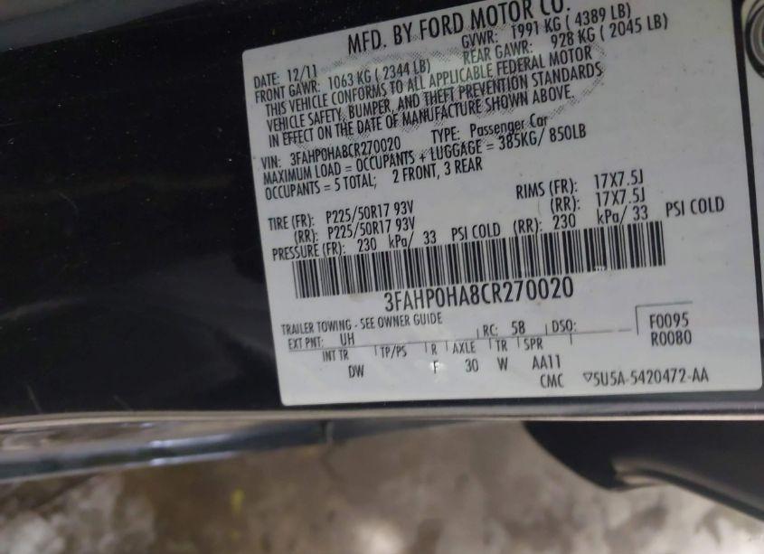 Photo 9 of 2012 Ford Fusion SE (VIN 3FAHP0HA8CR270020)