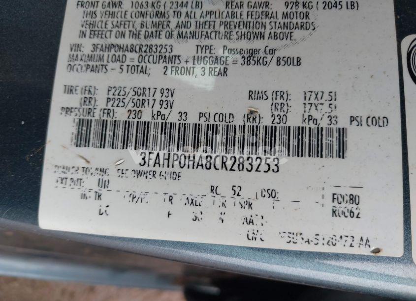 Photo 9 of 2012 Ford Fusion SE (VIN 3FAHP0HA8CR283253)