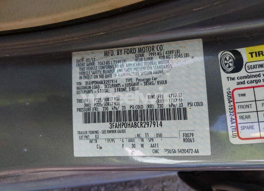 Photo 9 of 2012 Ford Fusion SE (VIN 3FAHP0HA8CR297914)