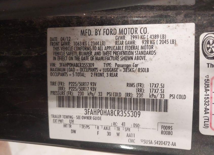 Photo 9 of 2012 Ford Fusion SE (VIN 3FAHP0HA8CR355309)