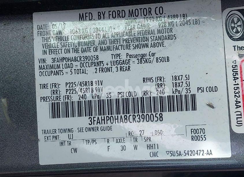 Photo 9 of 2012 Ford Fusion SE (VIN 3FAHP0HA8CR390058)