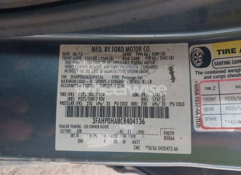 Photo 9 of 2012 Ford Fusion SE (VIN 3FAHP0HA8CR404136)