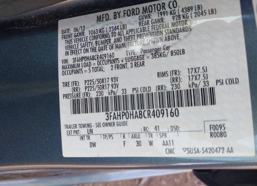 Photo 9 of 2012 Ford Fusion SE (VIN 3FAHP0HA8CR409160)