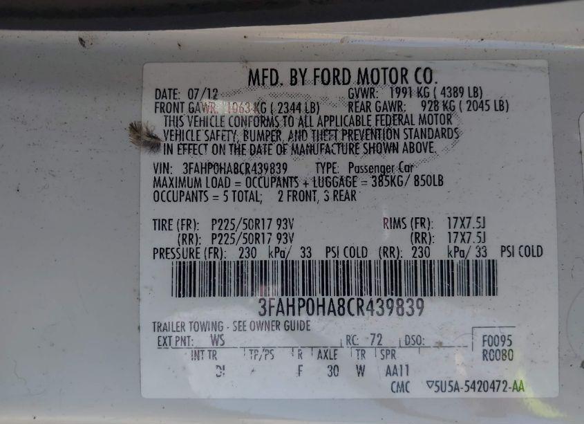 Photo 9 of 2012 Ford Fusion SE (VIN 3FAHP0HA8CR439839)