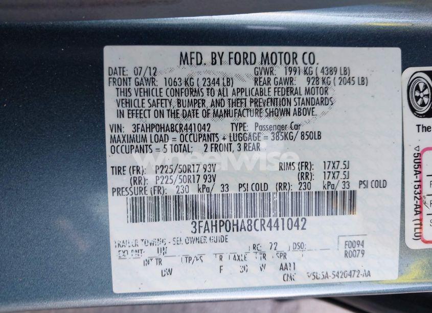 Photo 9 of 2012 Ford Fusion SE (VIN 3FAHP0HA8CR441042)