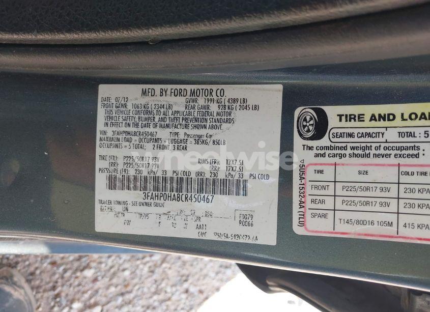 Photo 9 of 2012 Ford Fusion SE (VIN 3FAHP0HA8CR450467)